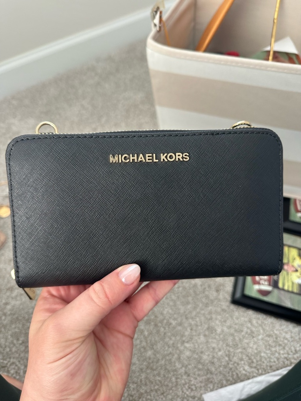 Michael Kors Black Saffiano Leather Wallet Crossbody with Gold Logo